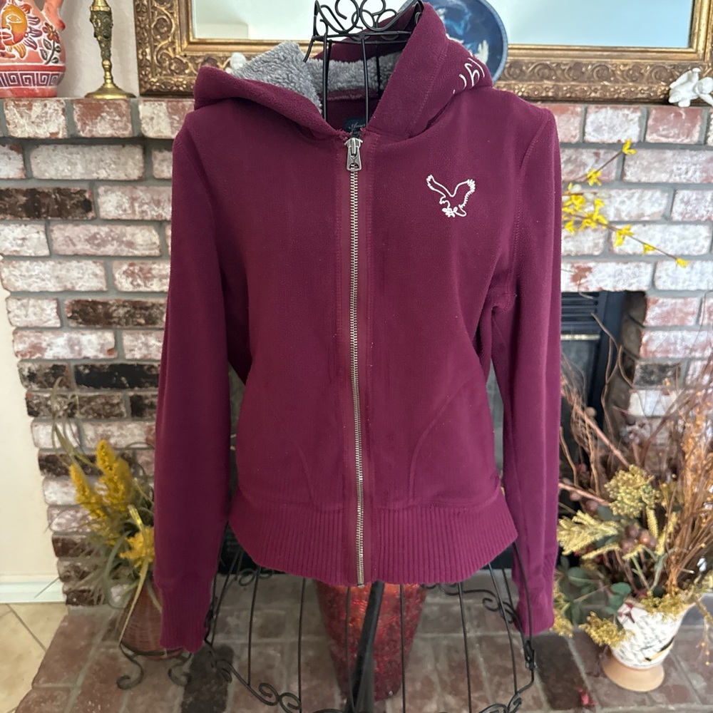 Y2K Burgundy American Eagle fleece zip-up Sherpa hoodie sweatshirt